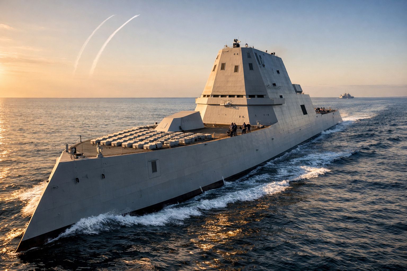 Navio de guerra moderno a navegar no mar ao pôr do sol, com tripulantes no convés.