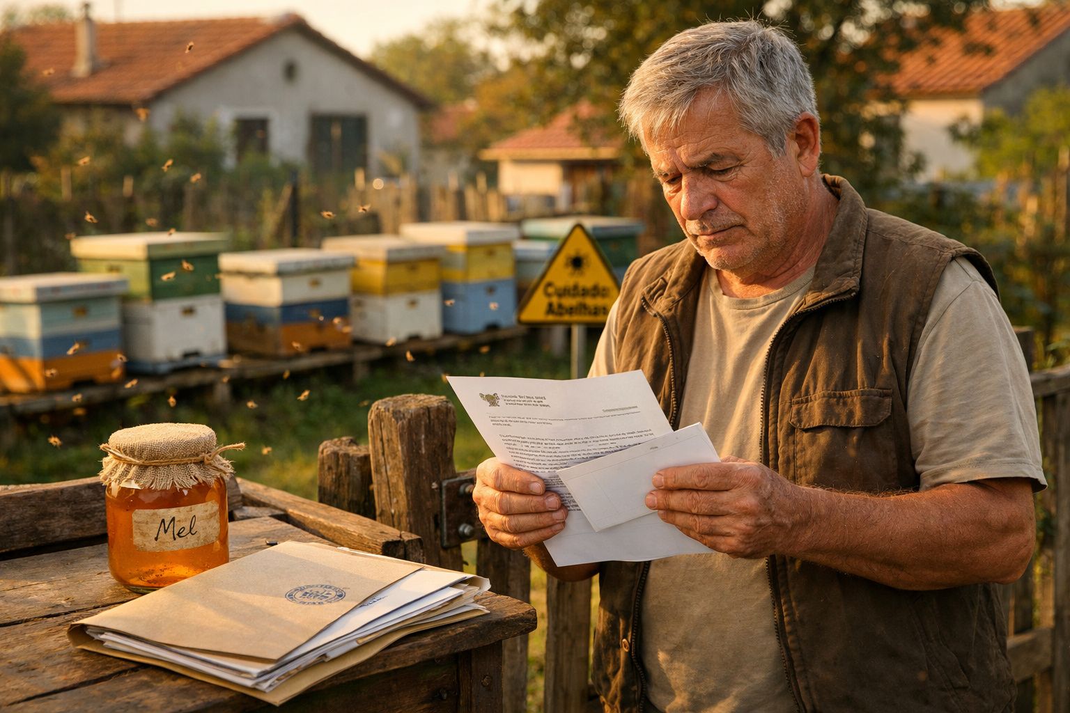 Apicultor a ler cartas junto a colmeias e frasco de mel numa área rural ao entardecer.