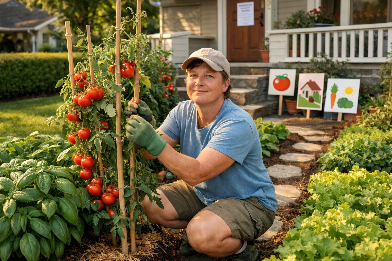 Pessoa com luvas e boné a cuidar de tomateiros num jardim em frente a uma casa com placas ilustrativas.