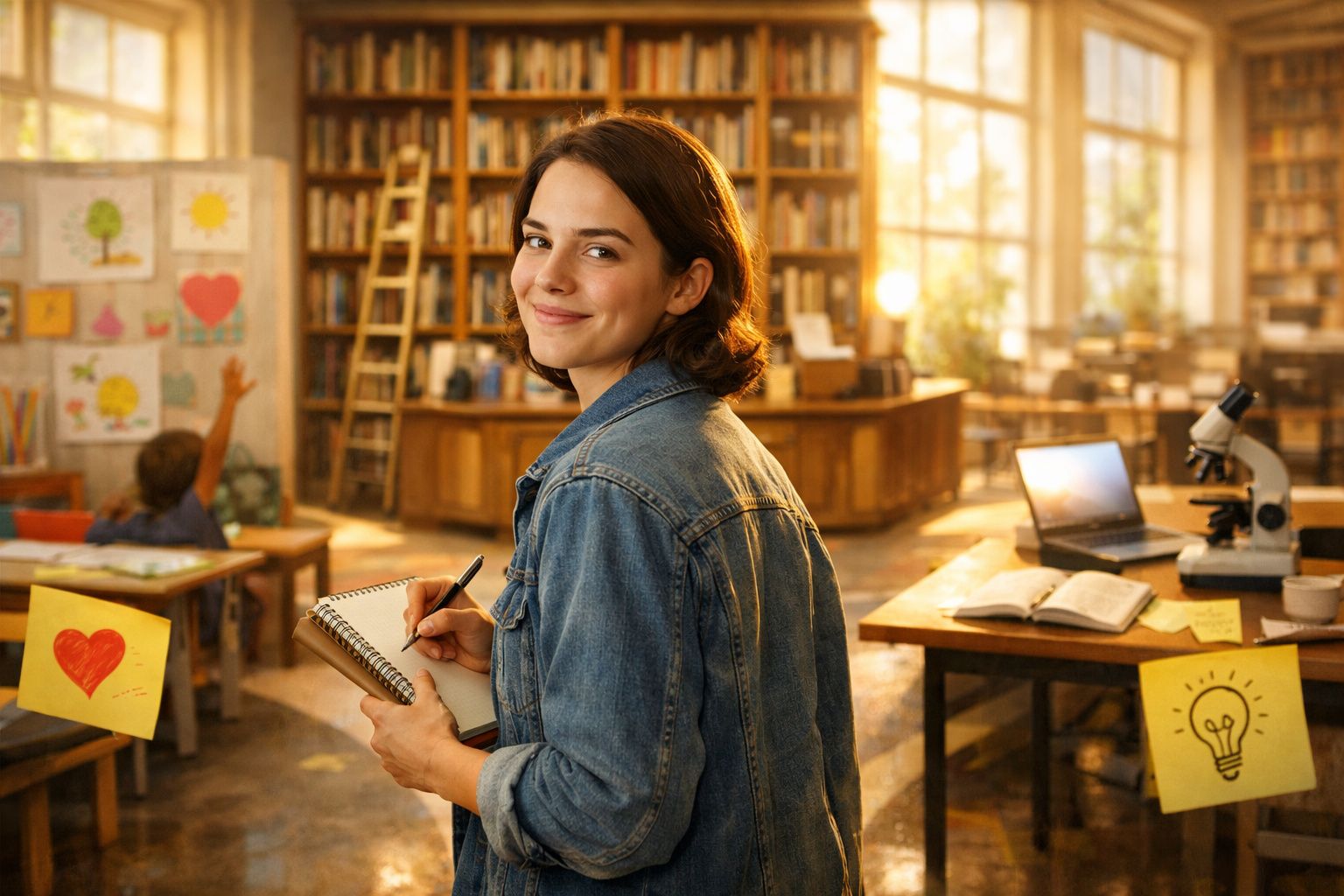 Mulher sorridente com caderno e caneta numa sala de aula cheia de livros e materiais educativos.