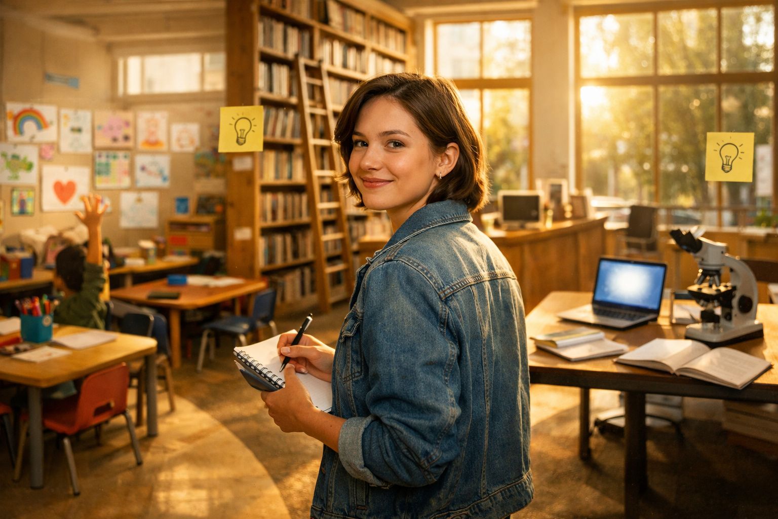 Jovem professora sorridente com caderno numa sala de aula luminosa e organizada de escola ou biblioteca.