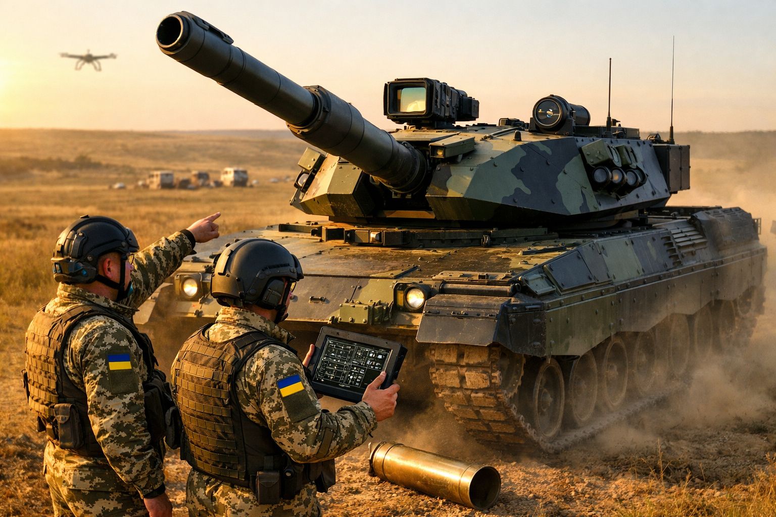Dois soldados ucranianos com equipamento tático operam um tanque blindado camuflado num campo ao pôr do sol.