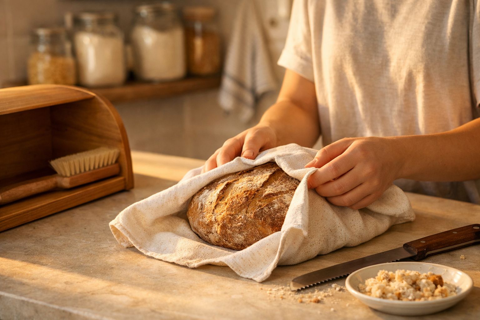 Pessoa a embrulhar um pão rústico num pano numa bancada de cozinha, com faca e migalhas à frente.