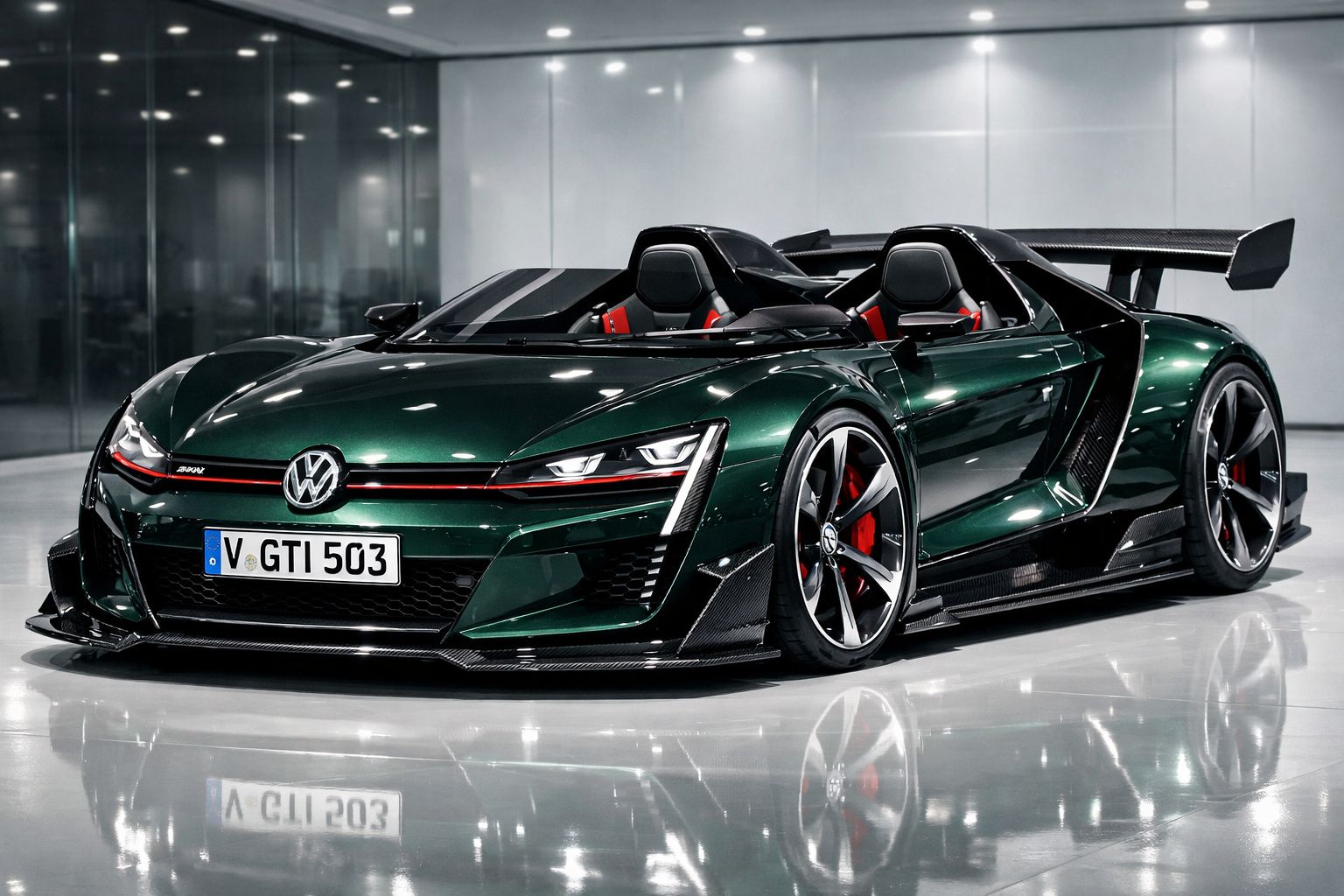 Carro desportivo Volkswagen verde escuro com design futurista e rodas grandes dentro de showroom.