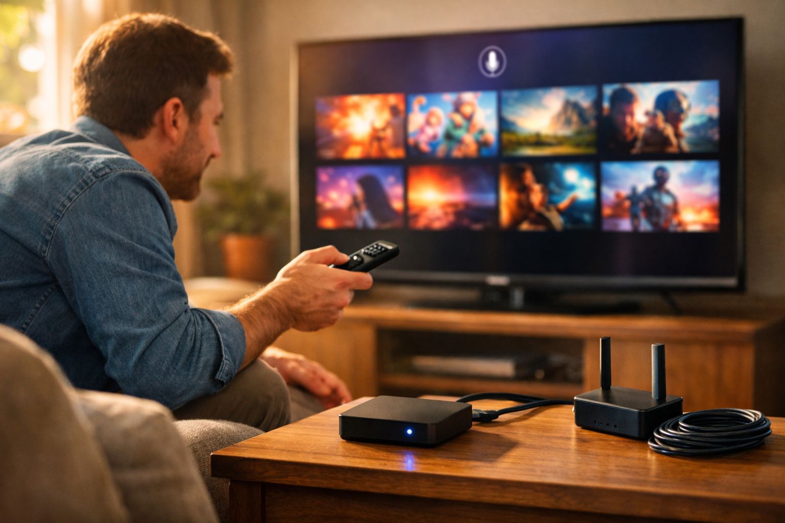 Homem sentado a controlar TV com comando remoto, com dispositivos eletrónicos numa mesa à frente.