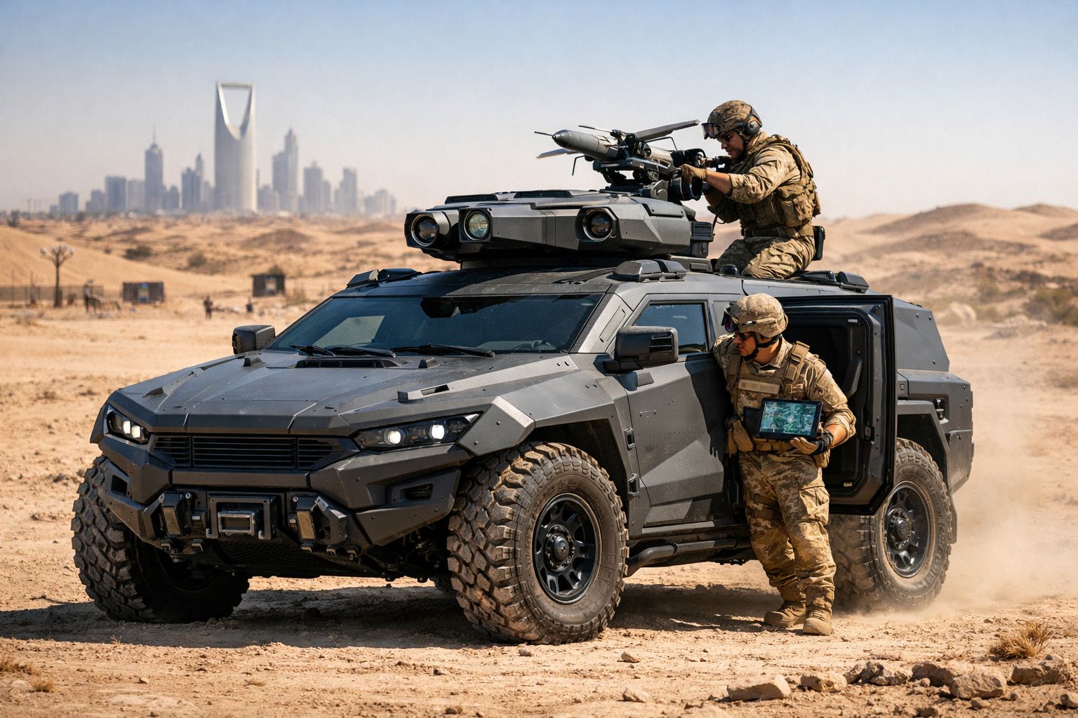 Veículo militar blindado em deserto com soldados armados, cidade moderna visível ao fundo.