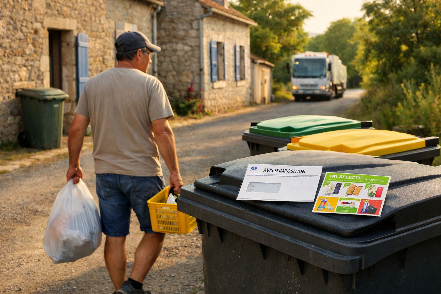 Homem a levar saco de lixo e cesta para contentores de reciclagem em rua rural com camião de recolha ao fundo.