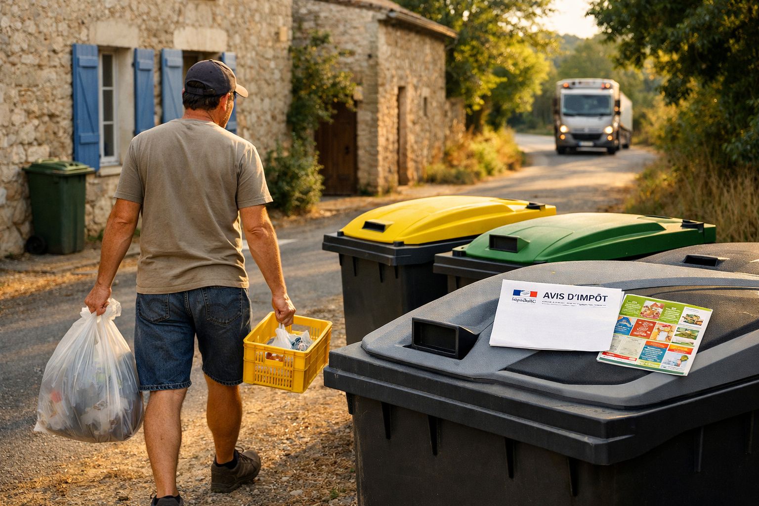 Homem com saco de lixo e caixa amarela junto a contentores de reciclagem numa rua com autocarro ao fundo.