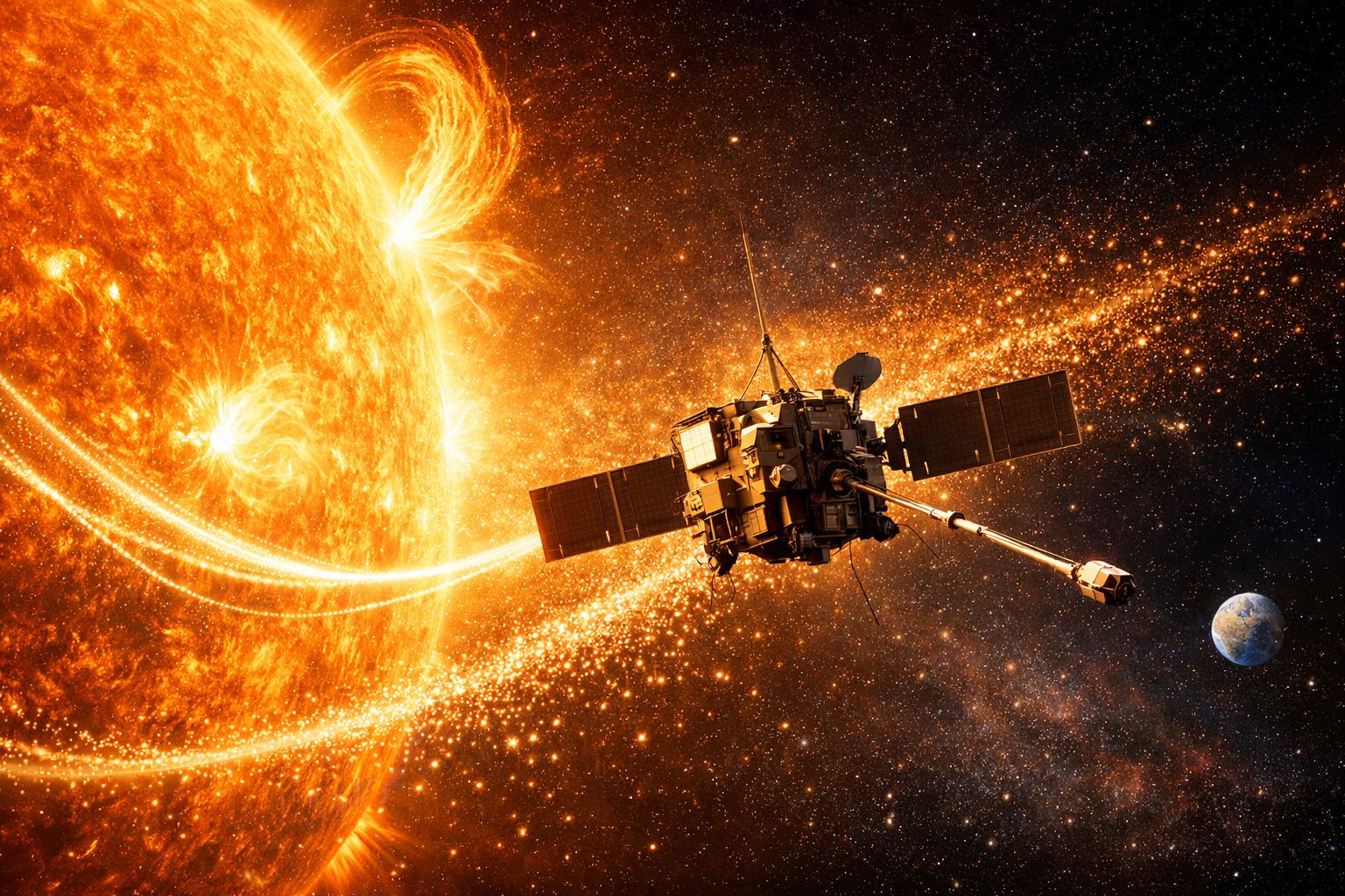 Sonda espacial próxima do Sol com erupções solares visíveis e a Terra ao longe no espaço.