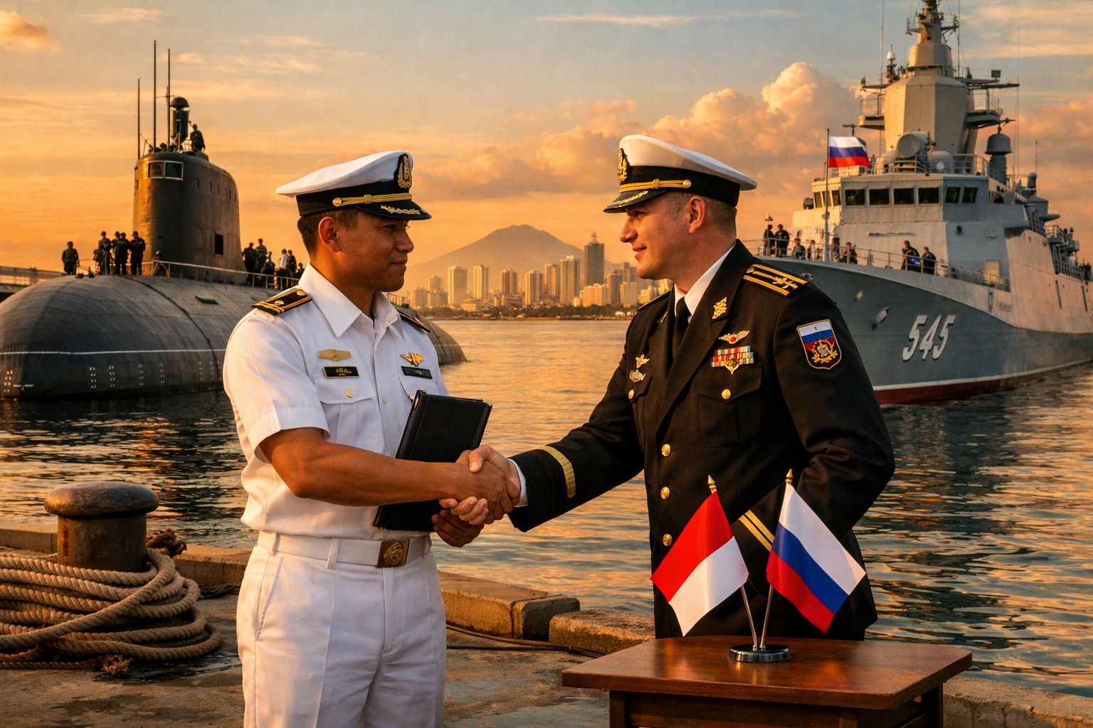 Dois oficiais navais a cumprimentar-se num cais, com um submarino, um navio de guerra e edifícios ao fundo ao pôr do sol.