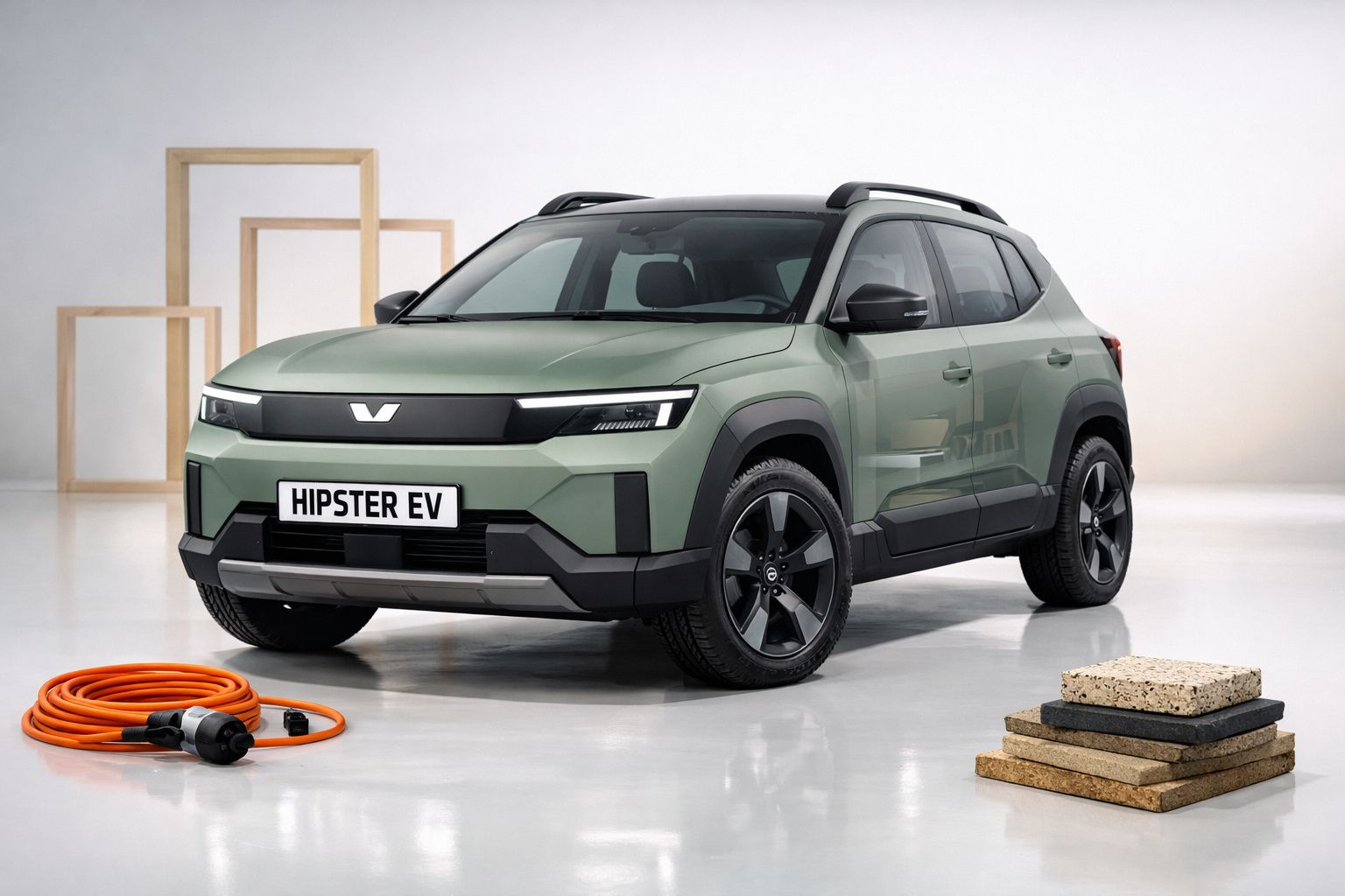 Carro elétrico compacto verde com cabo de carregamento laranja e amostras de materiais no estúdio.