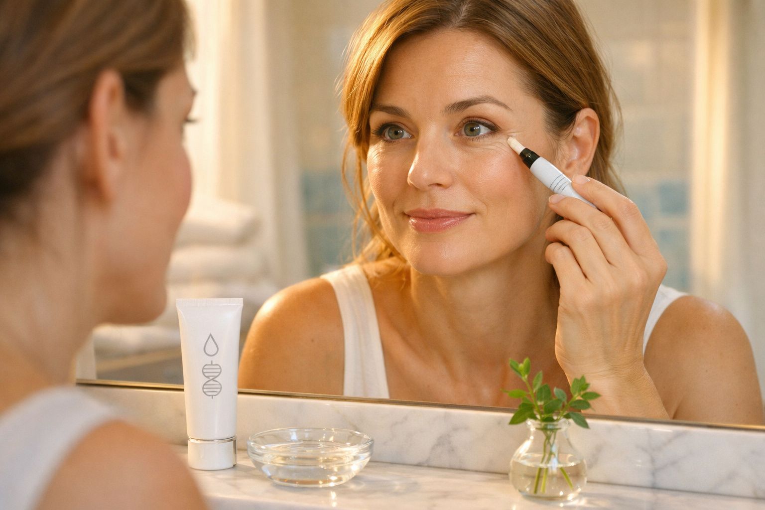 Mulher aplica creme na pele junto a espelho com produtos de cuidado facial na bancada do quarto de banho.