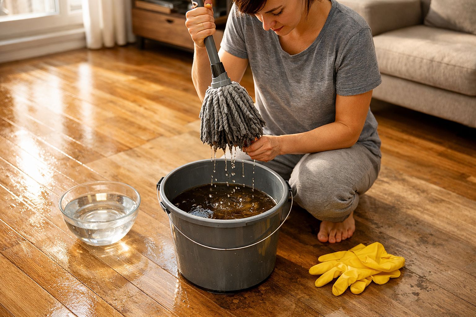 Pessoa a torcer esfregona sobre um balde com água para limpar chão de madeira, luvas amarelas ao lado.