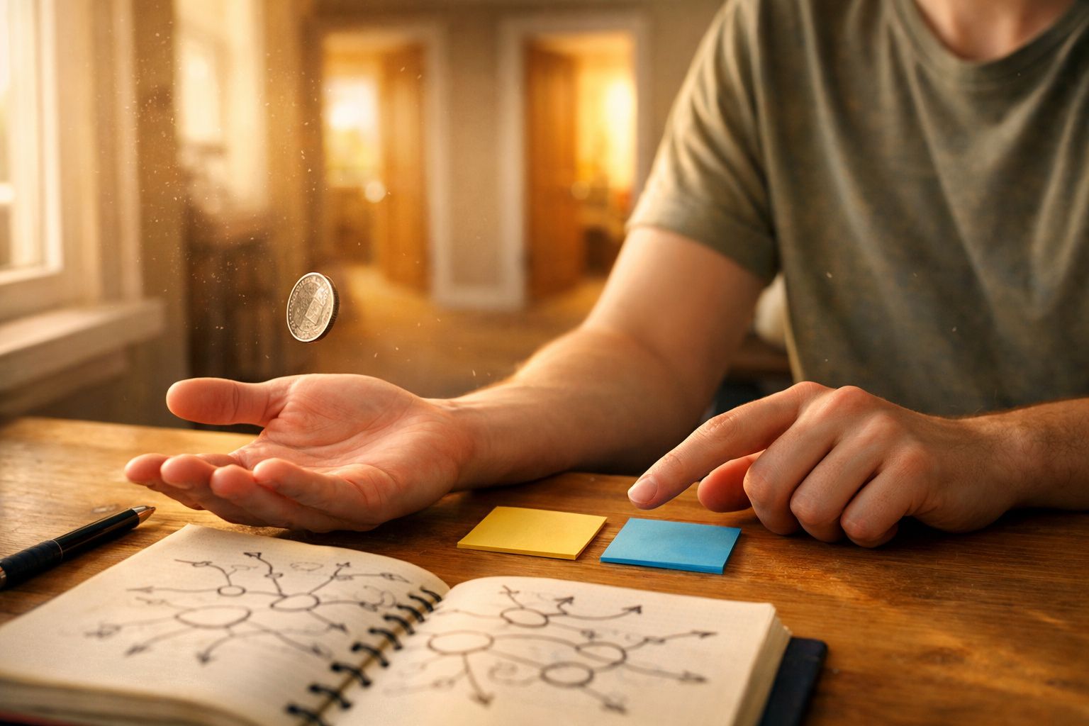 Pessoa a lançar uma moeda ao ar numa mesa com caderno aberto, notas autocolantes e caneta.