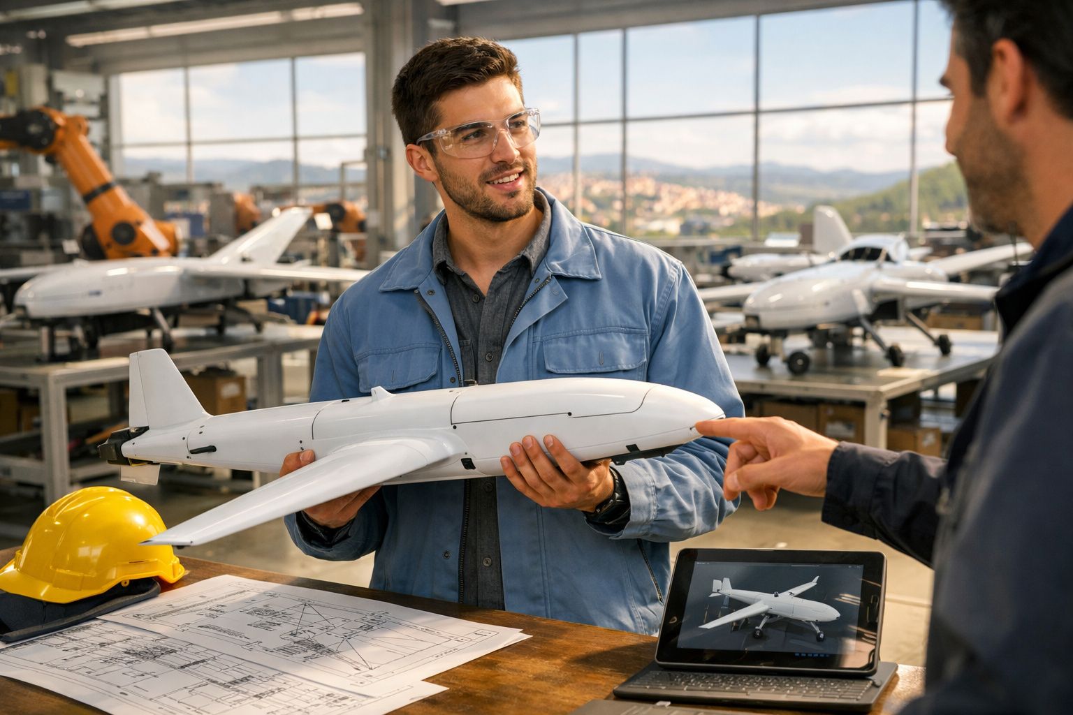 Engenheiro com óculos de proteção segura modelo de avião enquanto colega aponta, em oficina de aeromodelos.