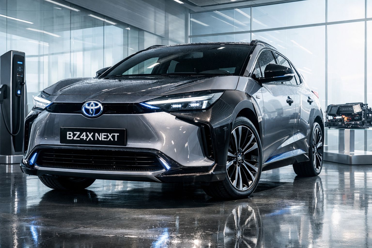 Carro elétrico Toyota BZ4X Next cinzento estacionado dentro de uma garagem moderna com carregador elétrico à esquerda.