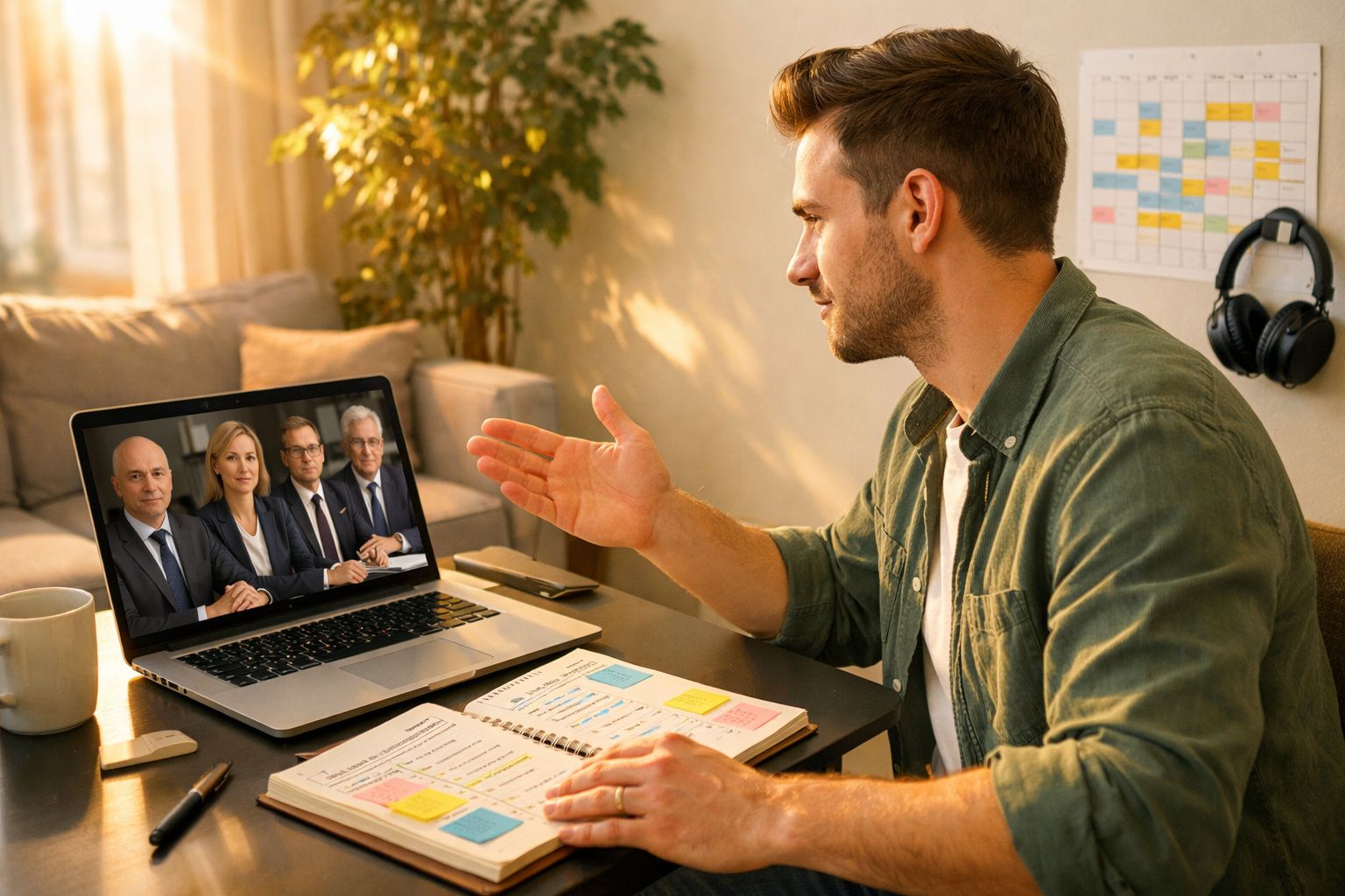 Homem numa videochamada de trabalho com quatro colegas em ambiente doméstico com agenda aberta à frente.