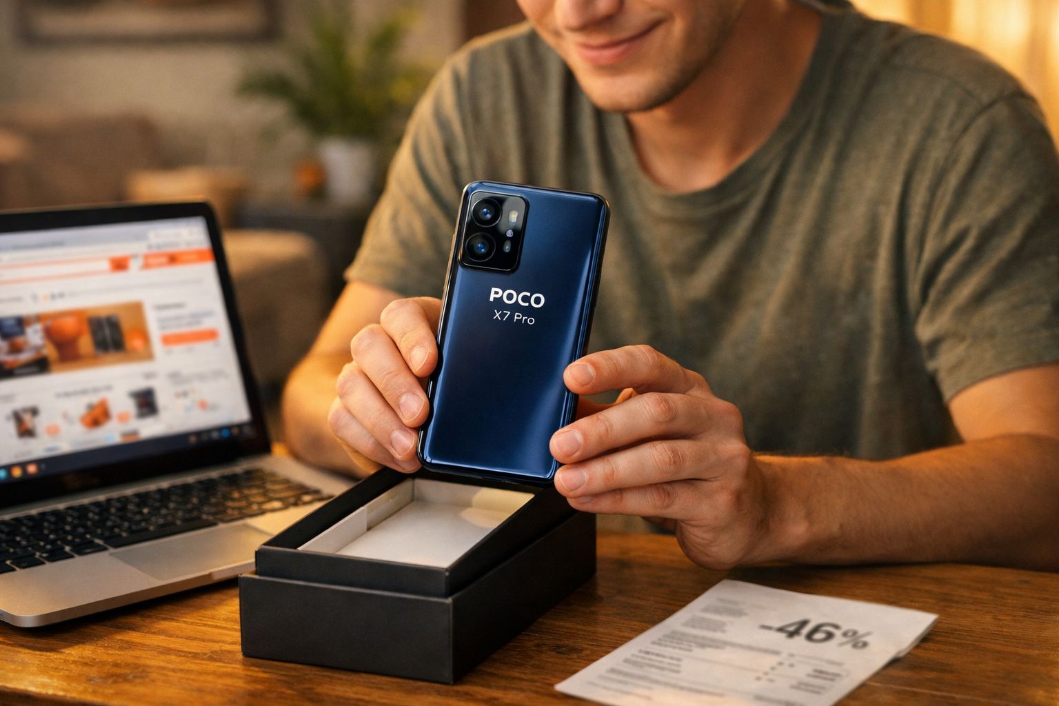 Pessoa a mostrar smartphone POCO X7 Pro junto a portátil e caixa numa mesa de madeira.
