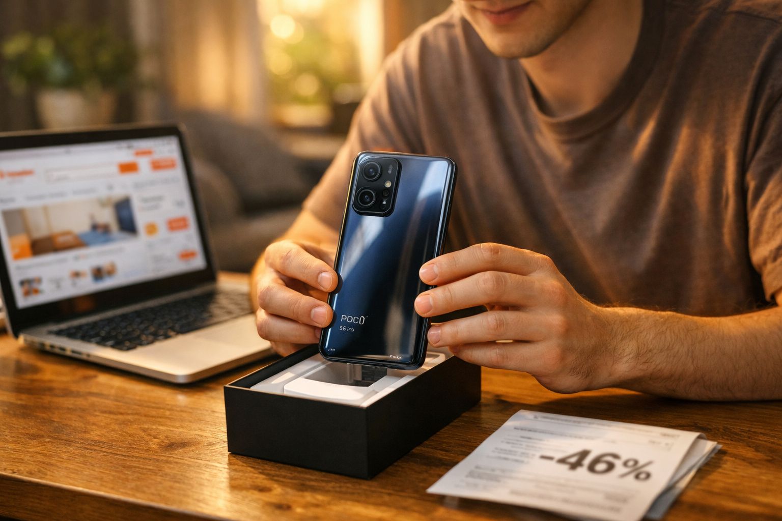 Homem a desembrulhar telemóvel Poco 5G num ambiente doméstico com portátil e papel com desconto na mesa.
