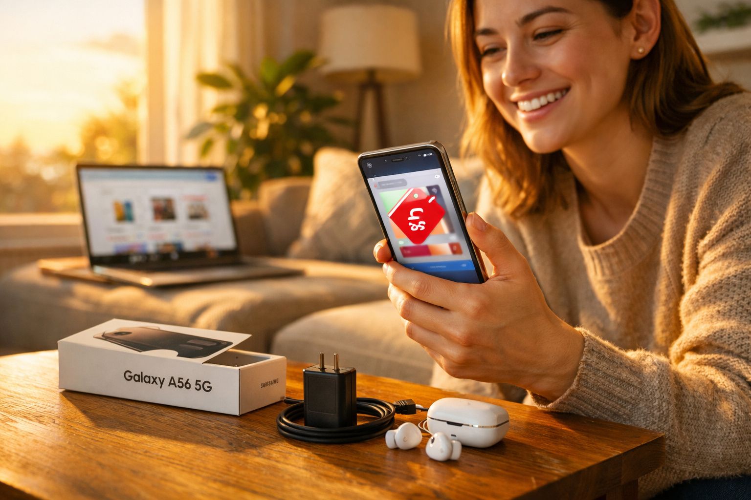 Mulher sorridente a usar smartphone novo Galaxy A56 5G com acessórios sobre mesa de madeira.