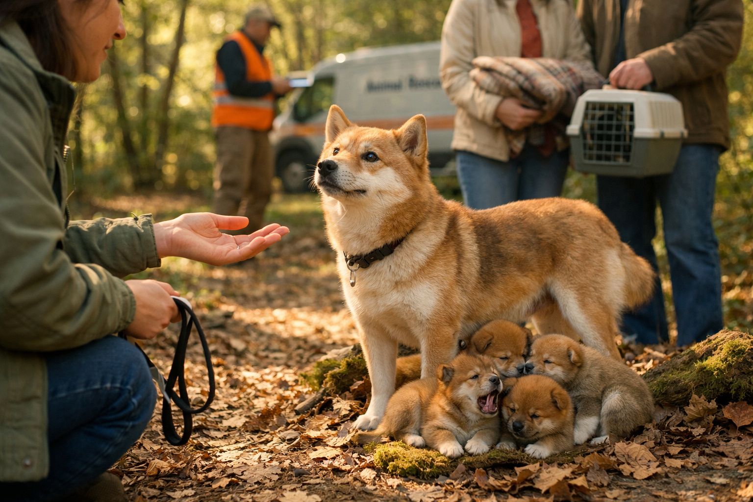 Cadela e quatro cachorros pequenos num chão coberto de folhas secas, com pessoas ao fundo numa floresta.