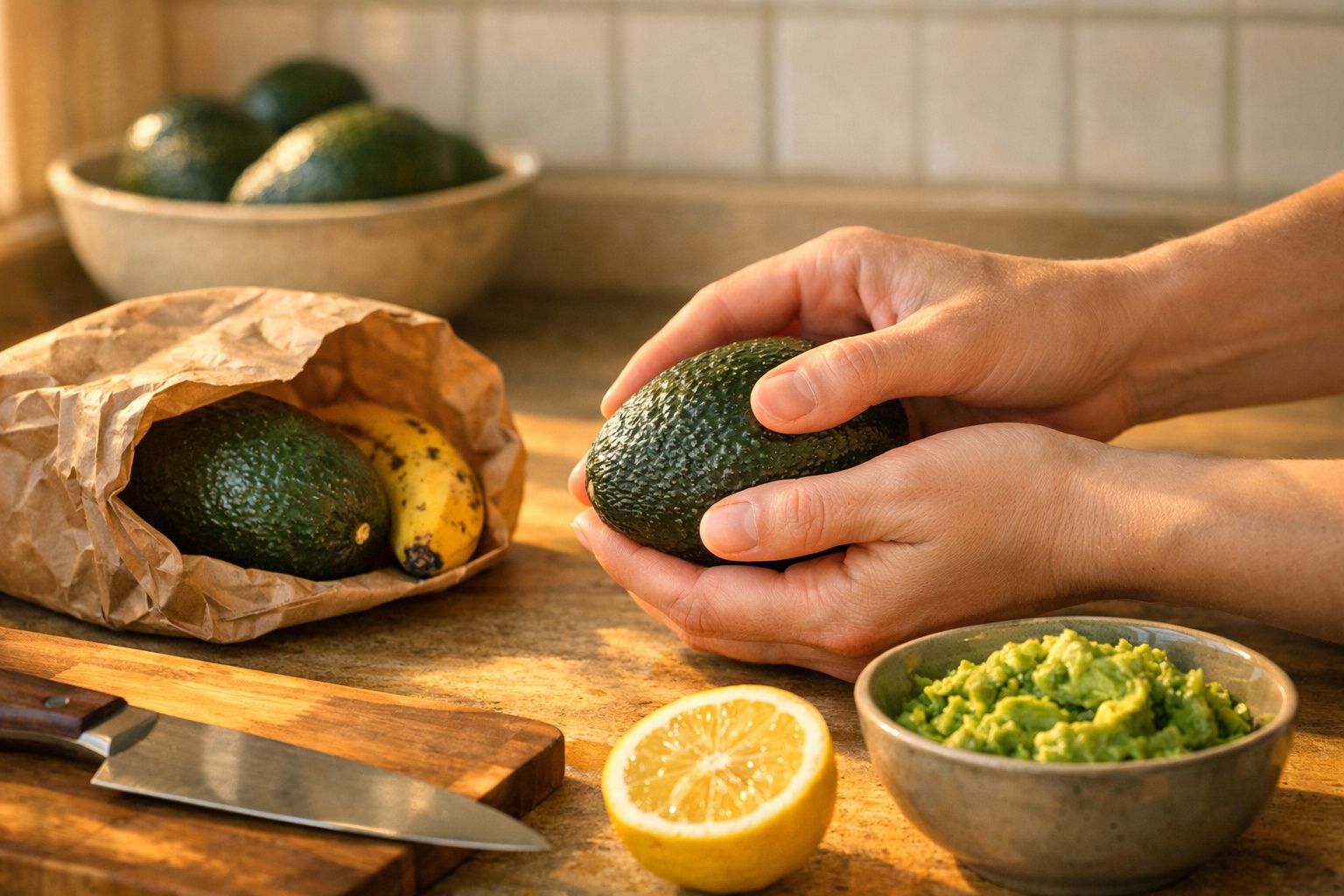 Mãos seguram abacate, saco de papel com frutas, tigela de guacamole e meio limão numa bancada de cozinha.