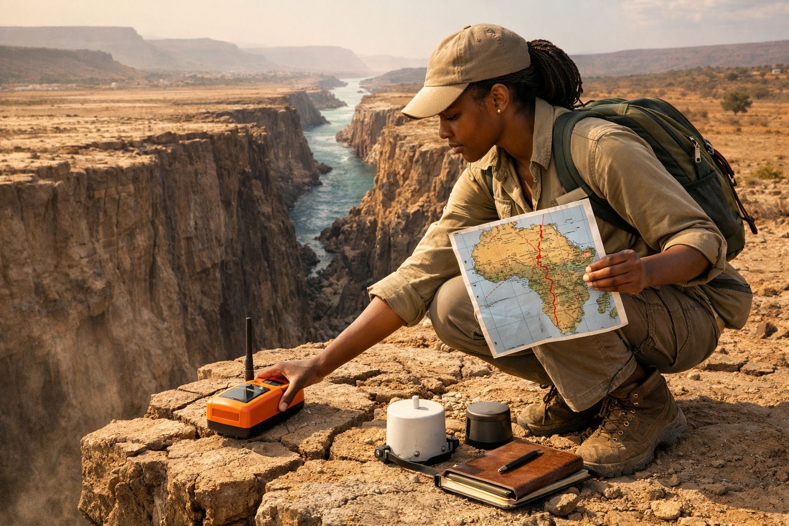 Mulher com mochila segura mapa de África junto a equipamentos numa falésia sobre um rio estreito.