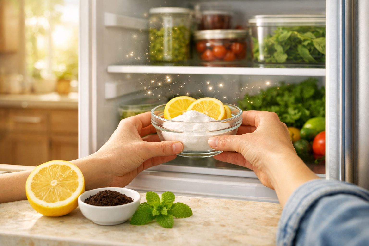 Mãos a colocar tigela com limões e bicarbonato num frigorífico cheio de vegetais frescos e ervas.