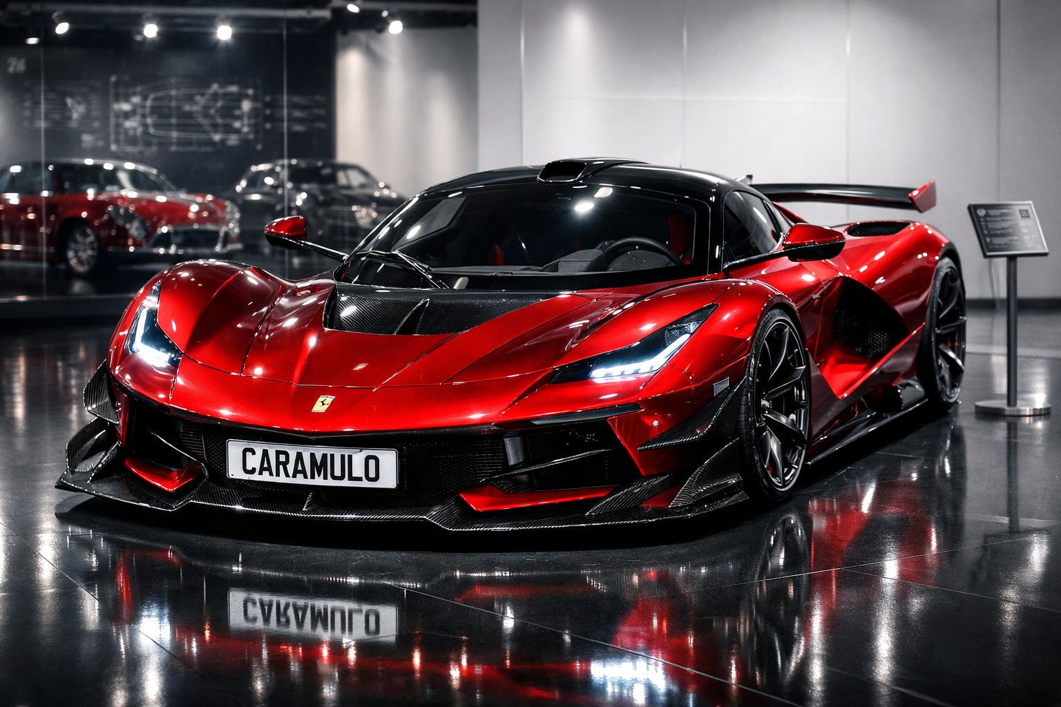 Carro desportivo vermelho com luzes LED ligado, exposto num salão de automóveis com chão espelhado.