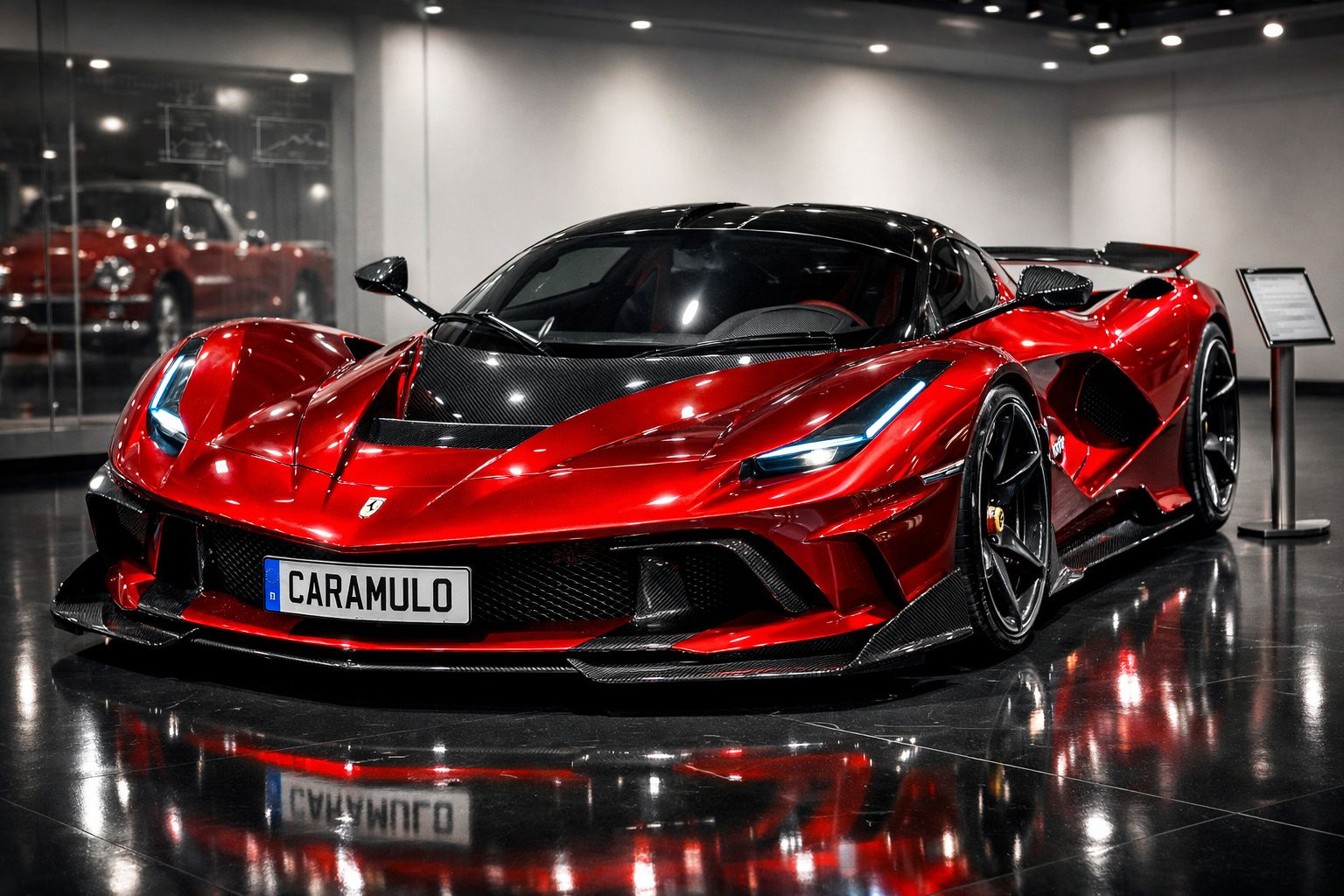 Carro desportivo vermelho com detalhes em preto estacionado em showroom brilhante.