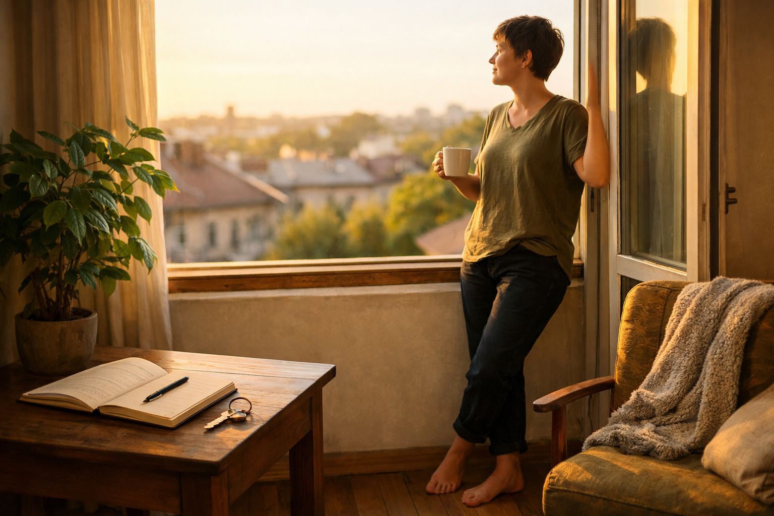 Pessoa de pé junto à janela, a beber de uma chávena, com vista para a cidade ao entardecer.