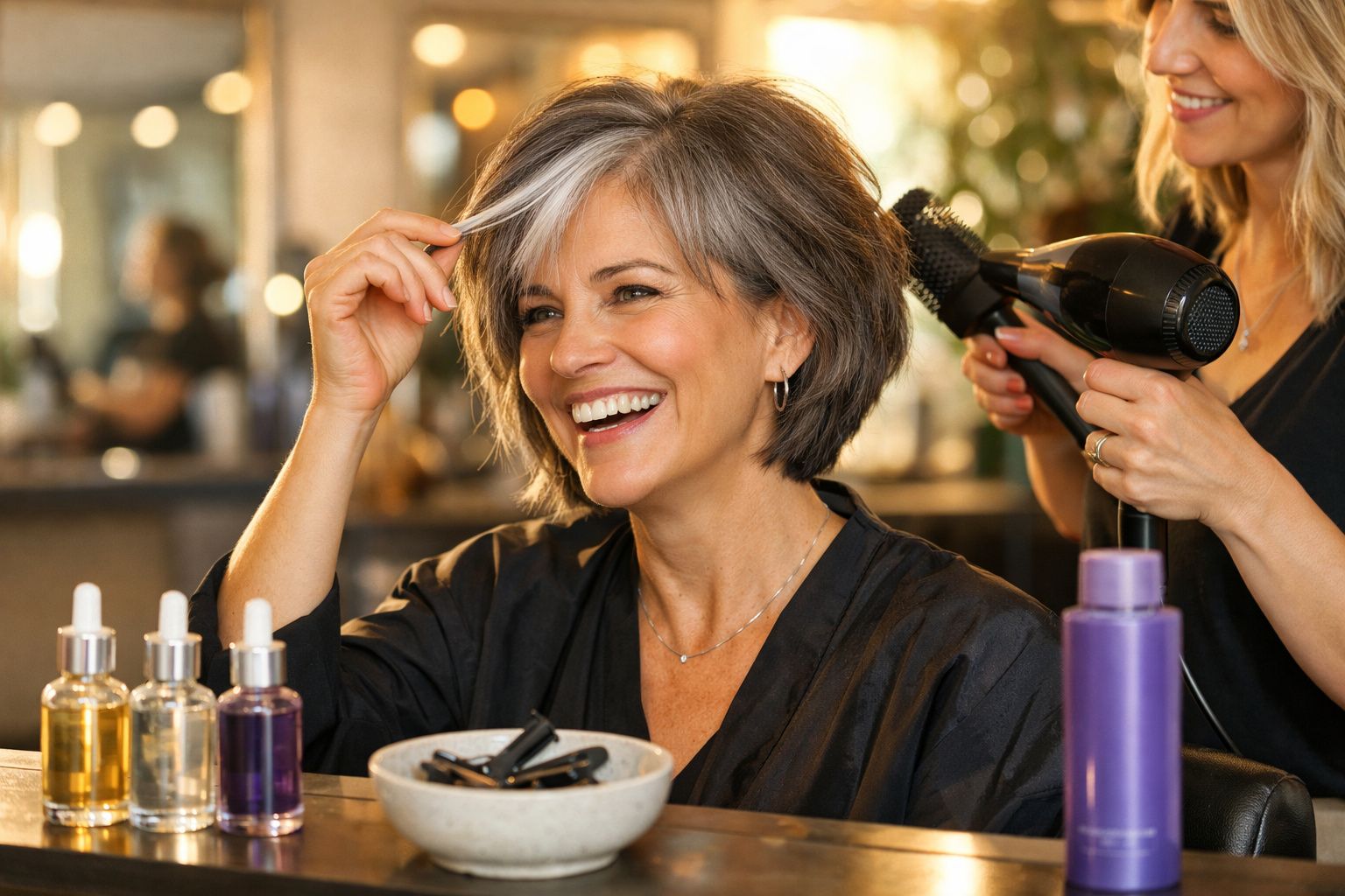 Mulher com cabelo grisalho a sorrir enquanto é penteada num salão de cabeleireiro.