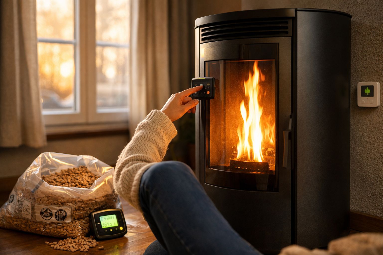 Pessoa a ajustar controlo remoto de lareira a pellets acesa numa sala acolhedora com saco de pellets ao lado.