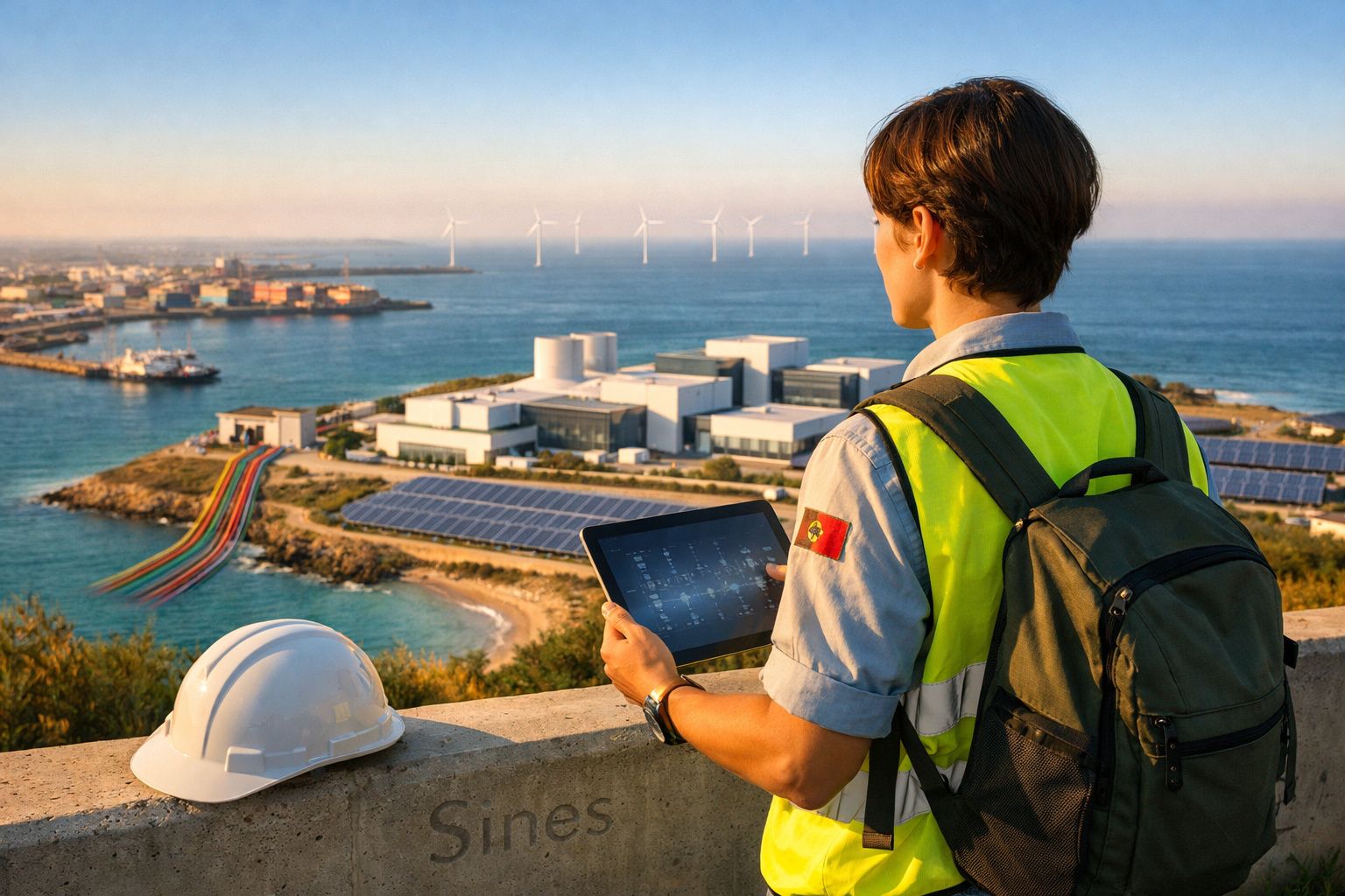 Profissional com colete refletor verifica instalação de energia renovável numa central junto ao mar em Portugal.