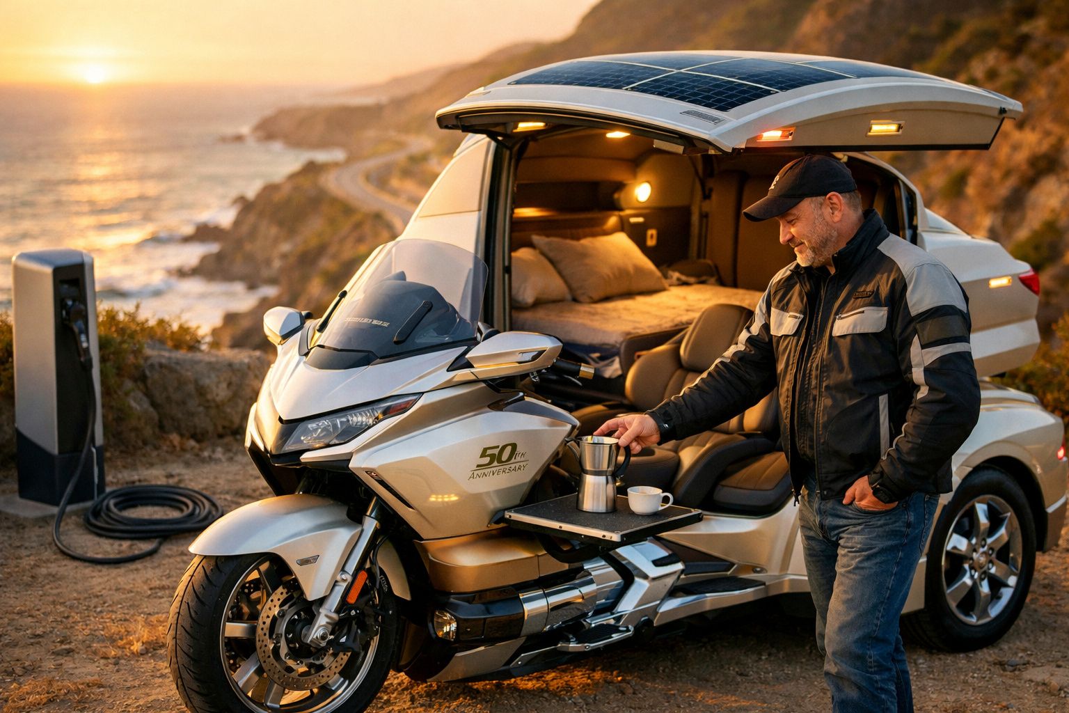 Homem prepara café numa motocarroça elétrica com tecto solar junto ao mar ao pôr do sol.