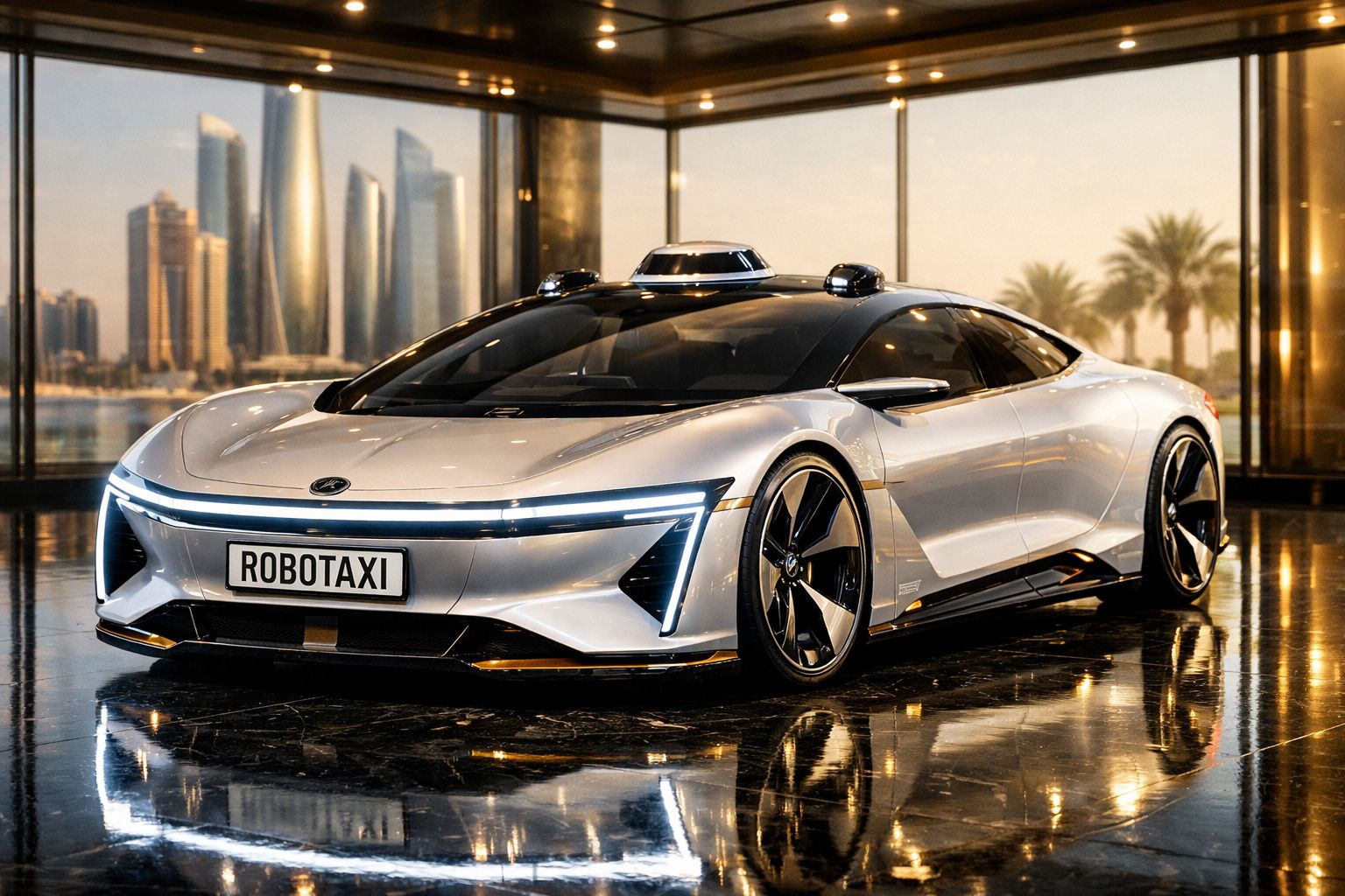 Carro elétrico futurista prata com design aerodinâmico, rotulado como ROBOTAXI, em ambiente urbano moderno.
