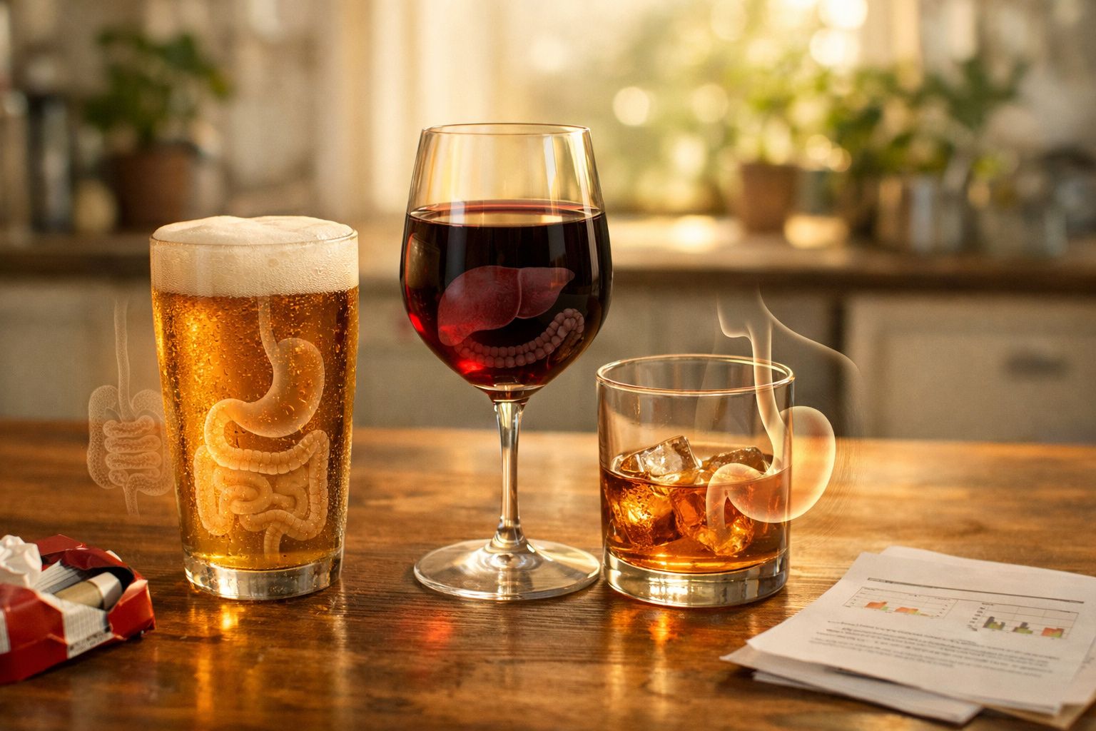 Três copos com bebidas alcoólicas mostrando órgãos internos do sistema digestivo em destaque.