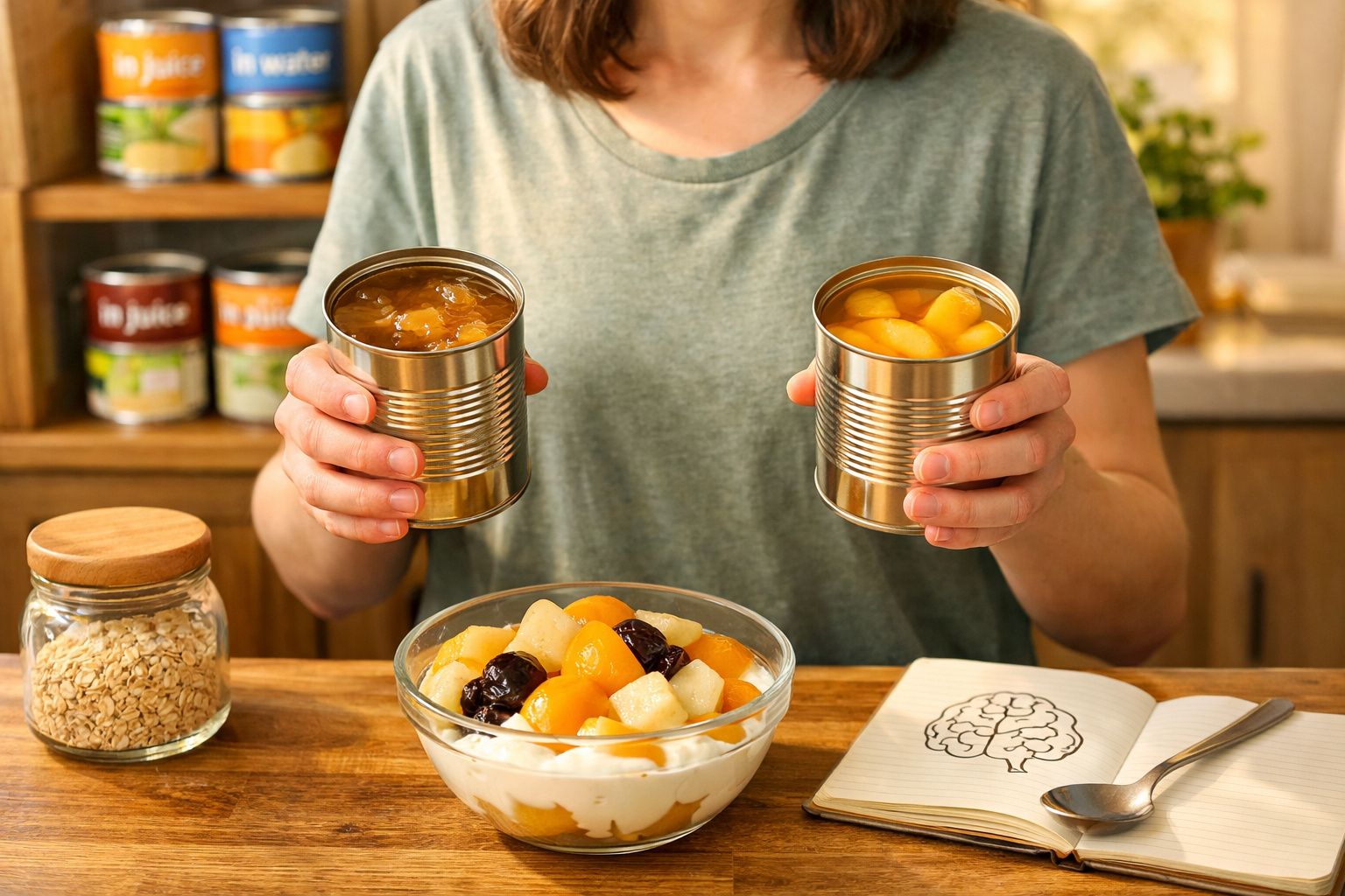 Pessoa a segurar duas latas abertas de fruta em calda junto a uma taça com fruta e iogurte numa mesa de cozinha.
