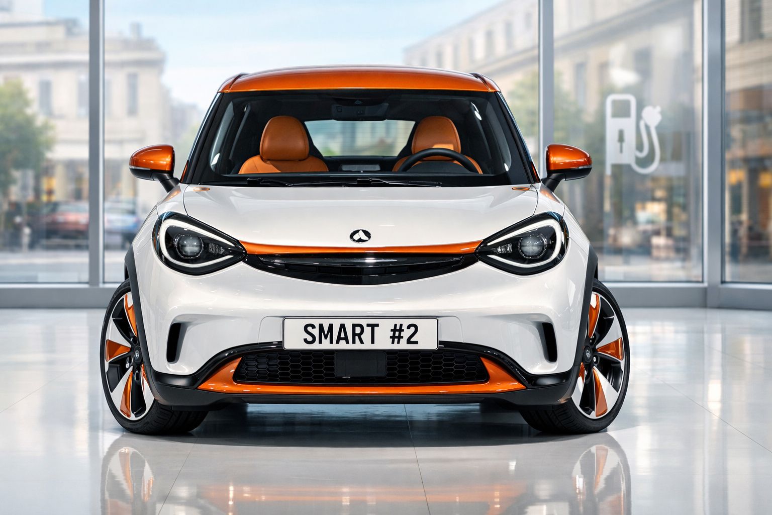 Carro elétrico Smart #2 branco com detalhes laranja numa sala de exposições moderna.