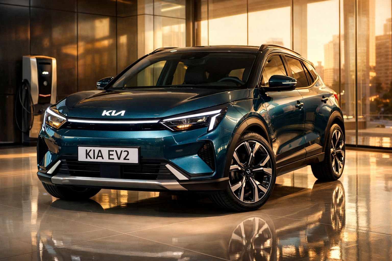 Carro elétrico Kia EV2 azul estacionado em interior moderno com carregador elétrico ao fundo.