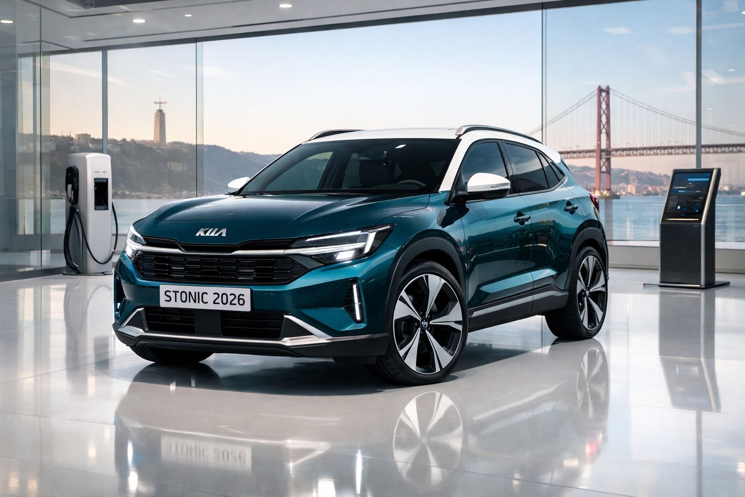 SUV Kia Stonic 2026 azul escuro estacionado numa sala moderna com vista para uma ponte suspensa.