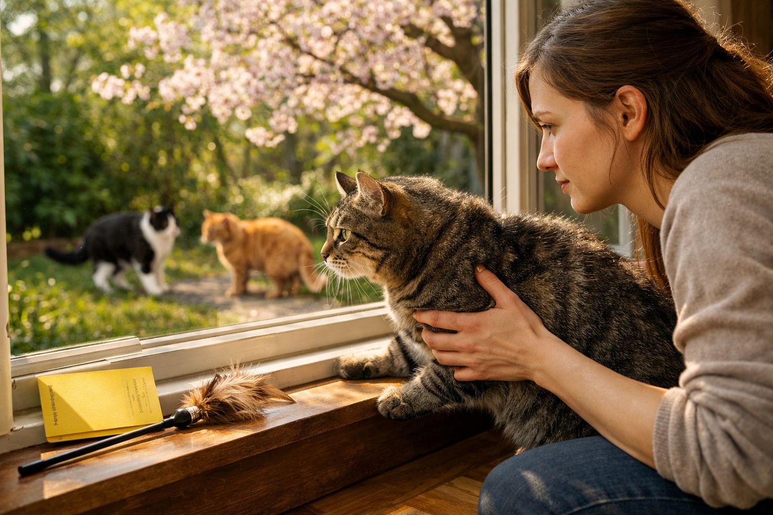 Mulher segura gato junto à janela a observar dois gatos no jardim durante o dia.