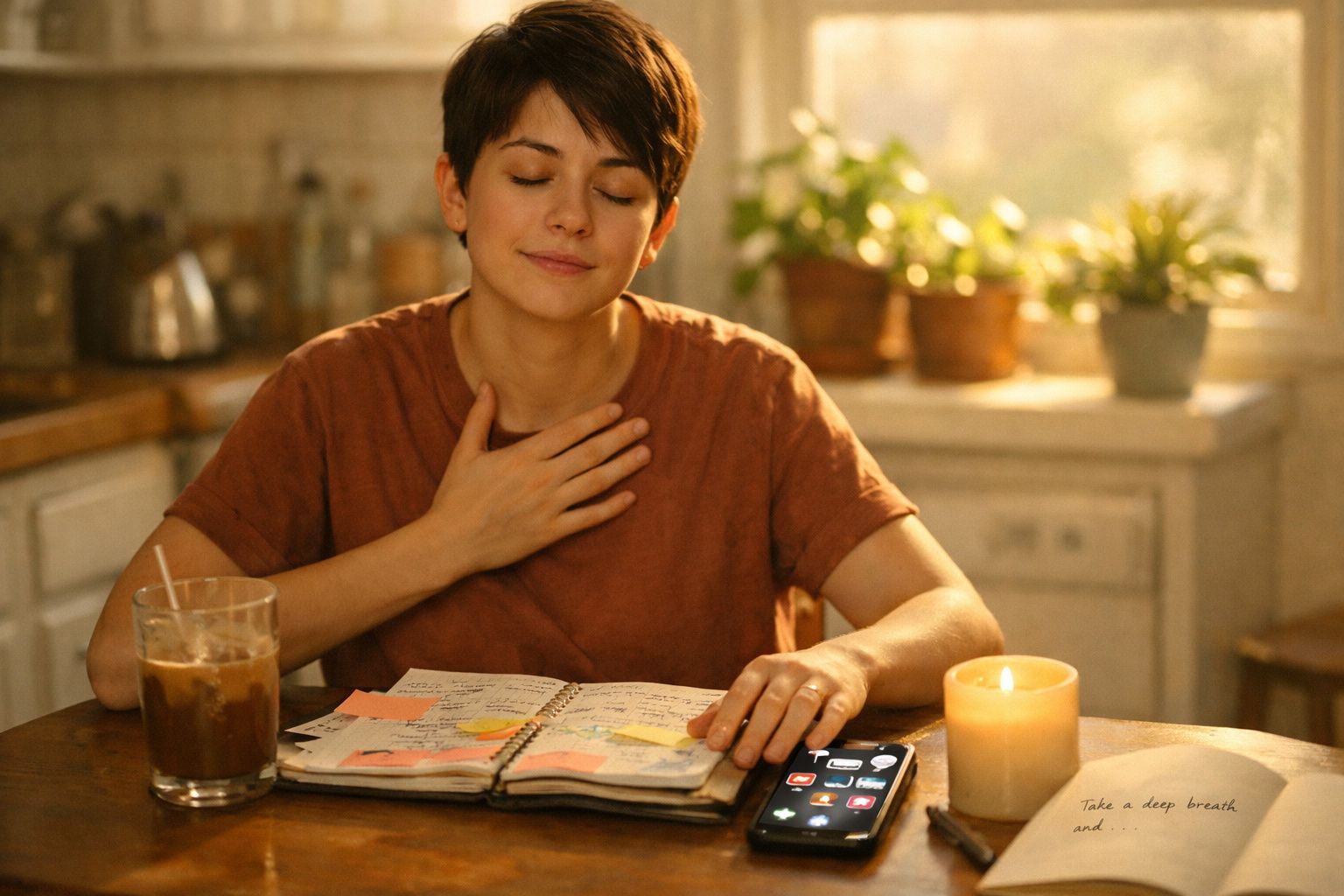 Pessoa sentada a olhar para um diário aberto, com uma mão no peito, ao lado de uma vela e um telemóvel na mesa.
