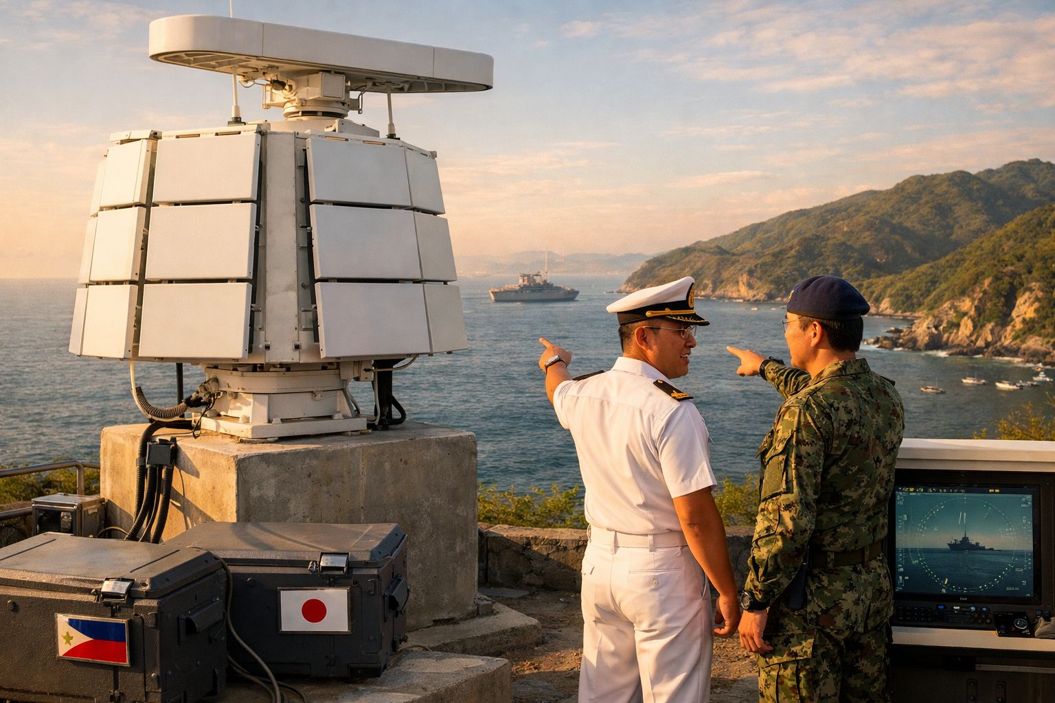 Dois militares, um em uniforme branco e outro camuflado, observam e apontam para um navio de guerra no mar ao pôr do sol.