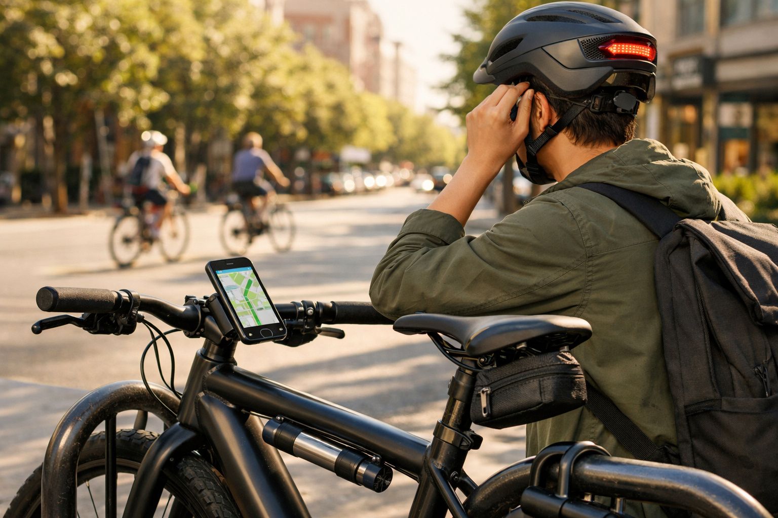 Pessoa com capacete e mochila segura bicicleta e consulta mapa no telemóvel numa rua com ciclistas ao fundo.