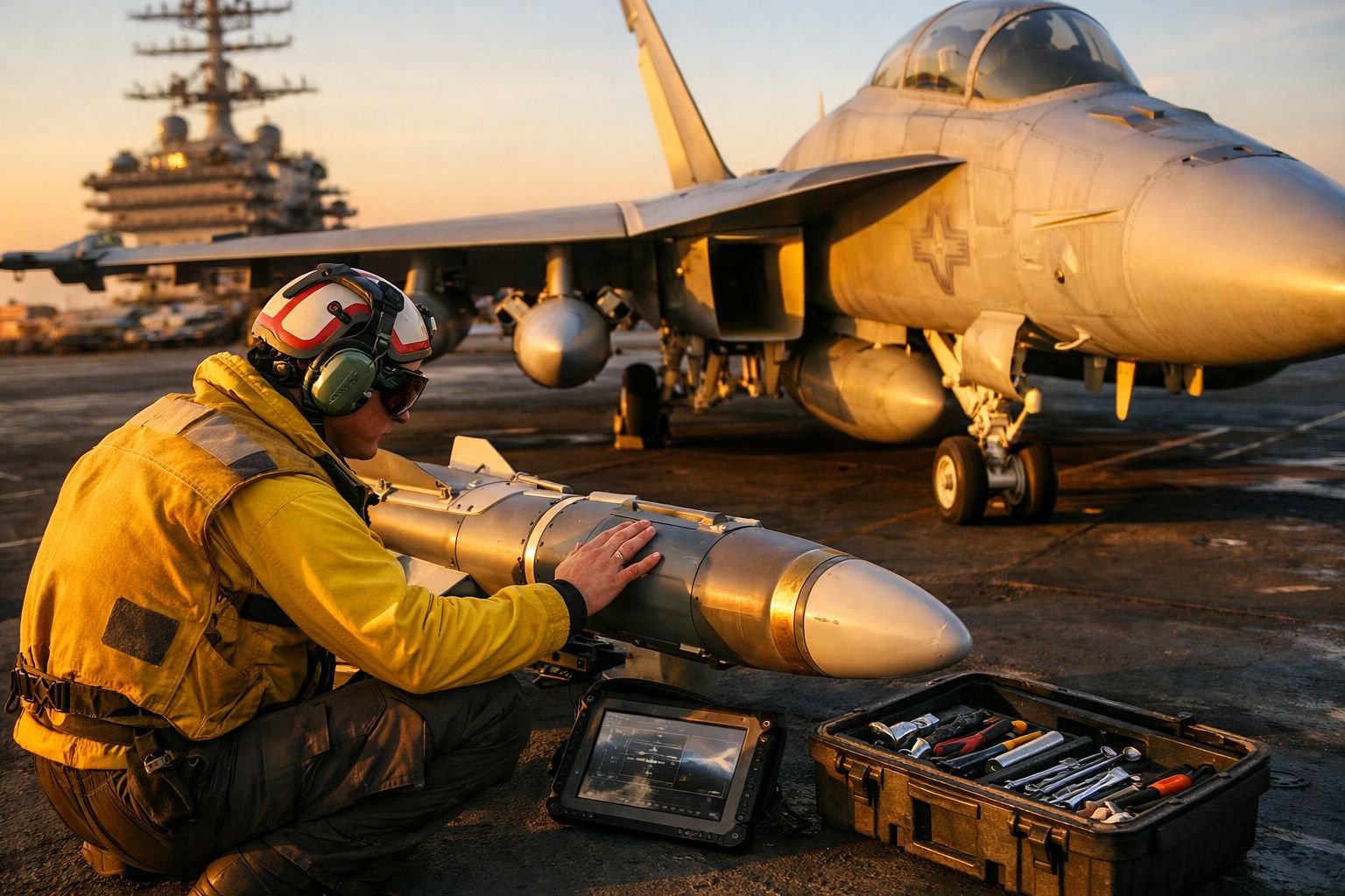 Técnico em fato amarelo prepara míssil perto de caça num porta-aviões ao pôr do sol.