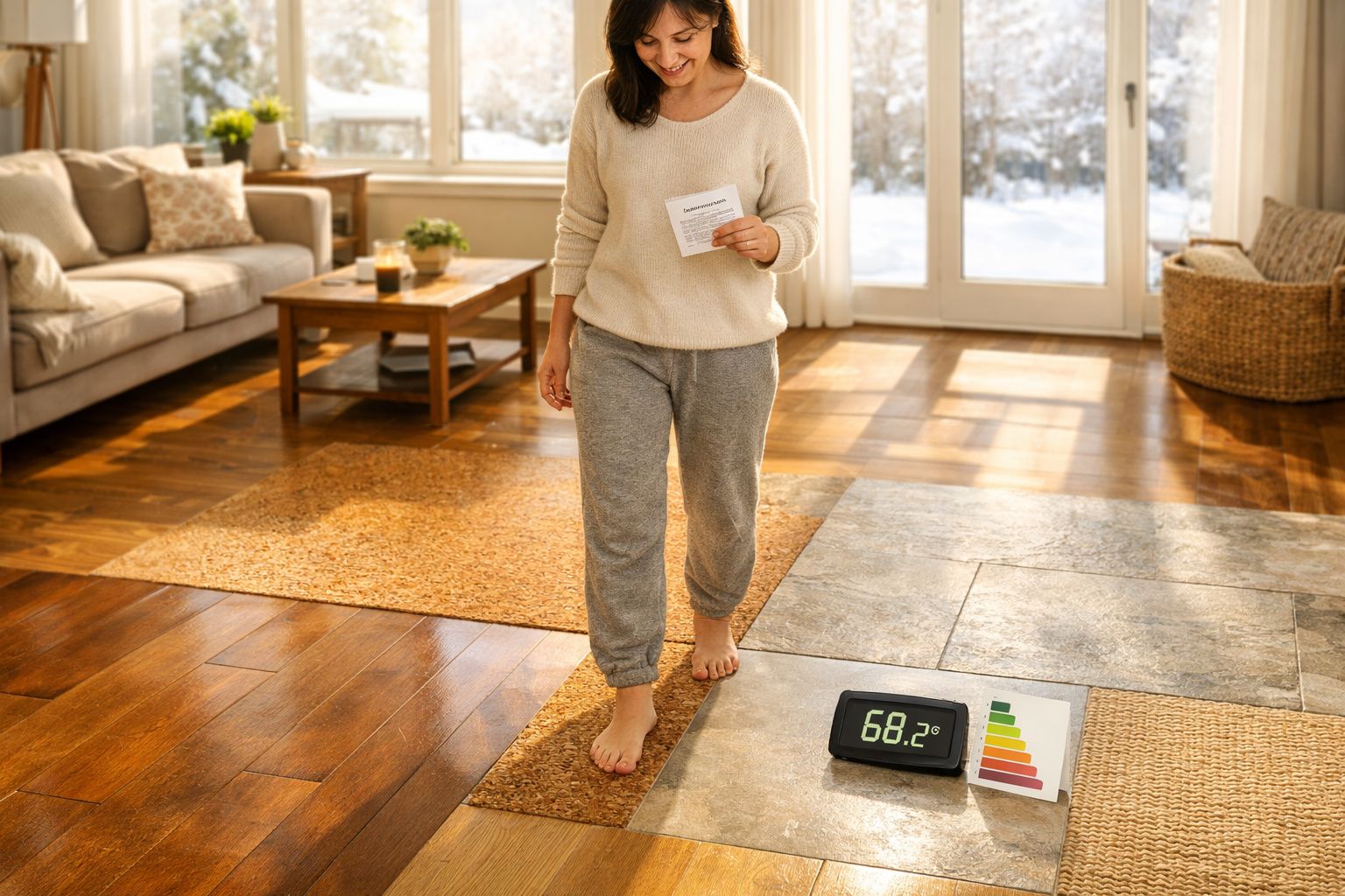 Mulher descalça a caminhar numa sala com controlo de temperatura digital no chão, a marcar 68,2 graus.