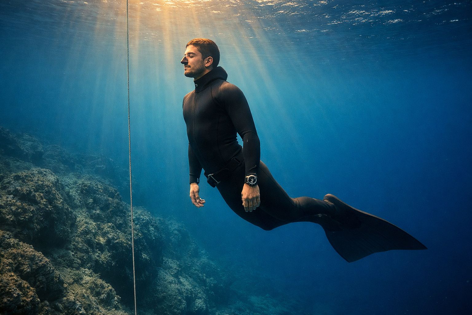 Homem com fato de mergulho preto submerso junto a corda e fundo rochoso marinho iluminado por raios de sol.