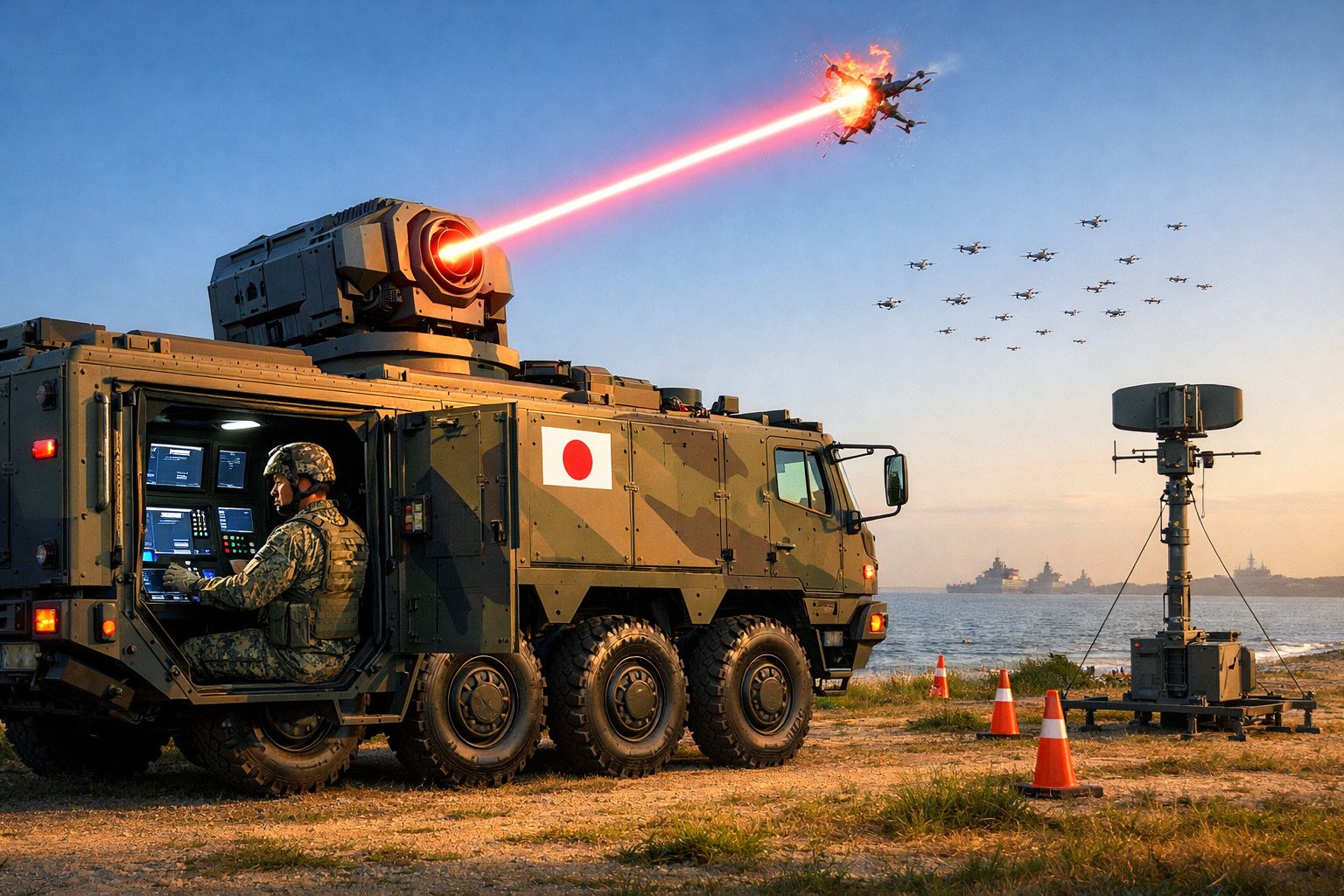 Veículo militar japonês com canhão laser a disparar contra drones no litoral, com soldado a operar equipamento.