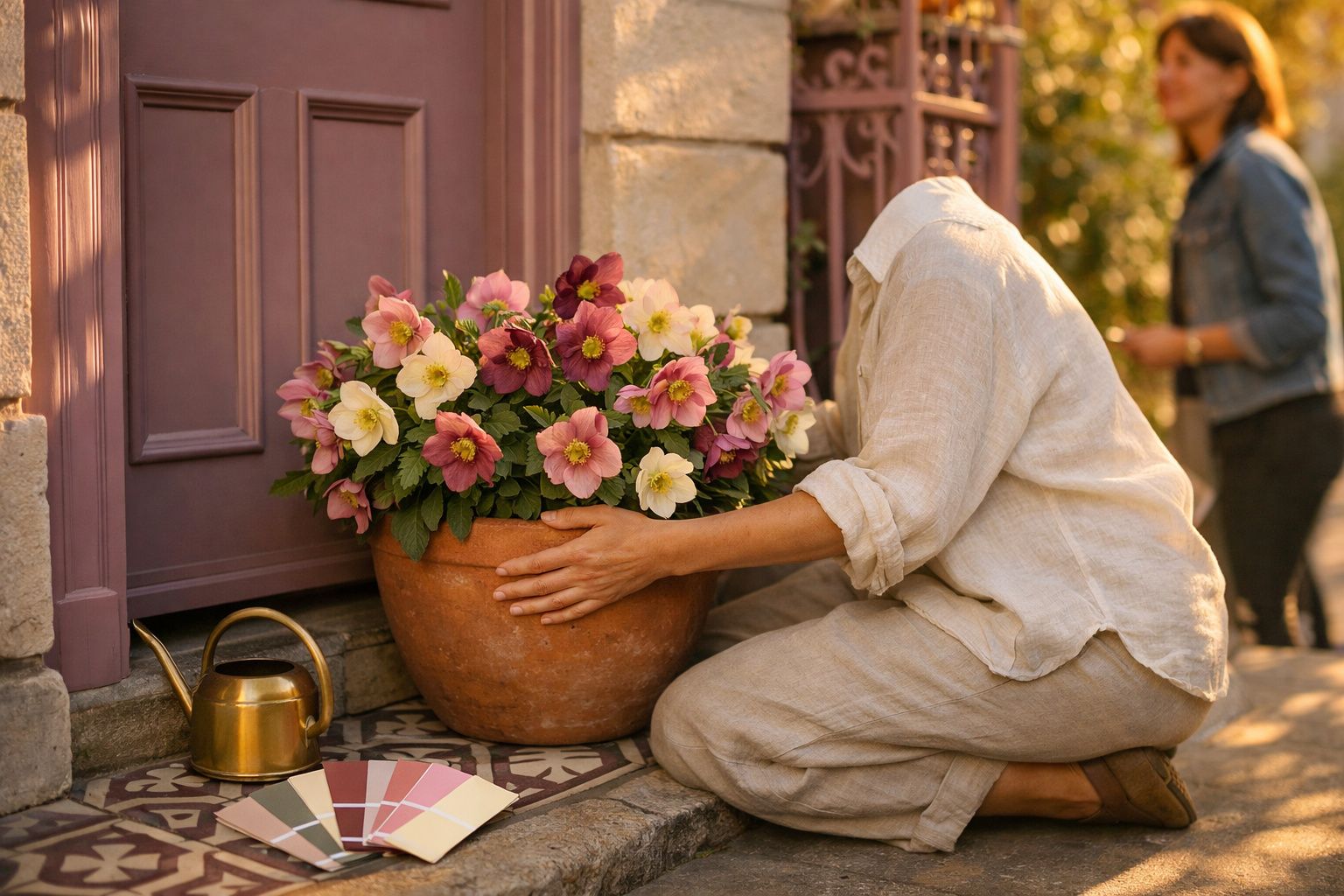 Pessoa agachada junto a vaso com flores cor-de-rosa e creme numa porta, com regador dourado e paleta de cores no chão.